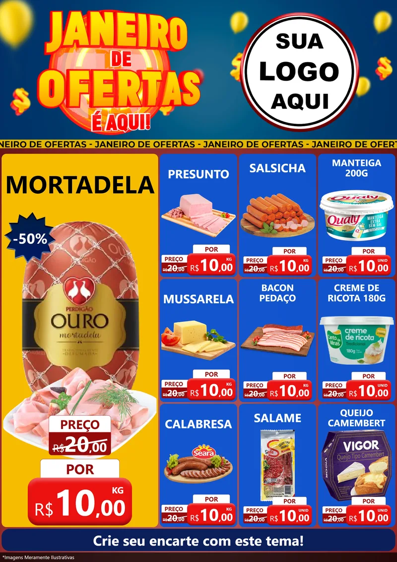 Modelo de Encarte para Encarte A4 Vertical com o tema Janeiro de Ofertas É Aqui! para Frios e Laticínios