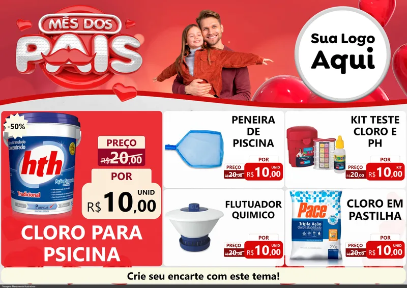 Modelo de Encarte para Encarte A4 Horizontal com o tema Mês dos Pais para Produtos para Piscina