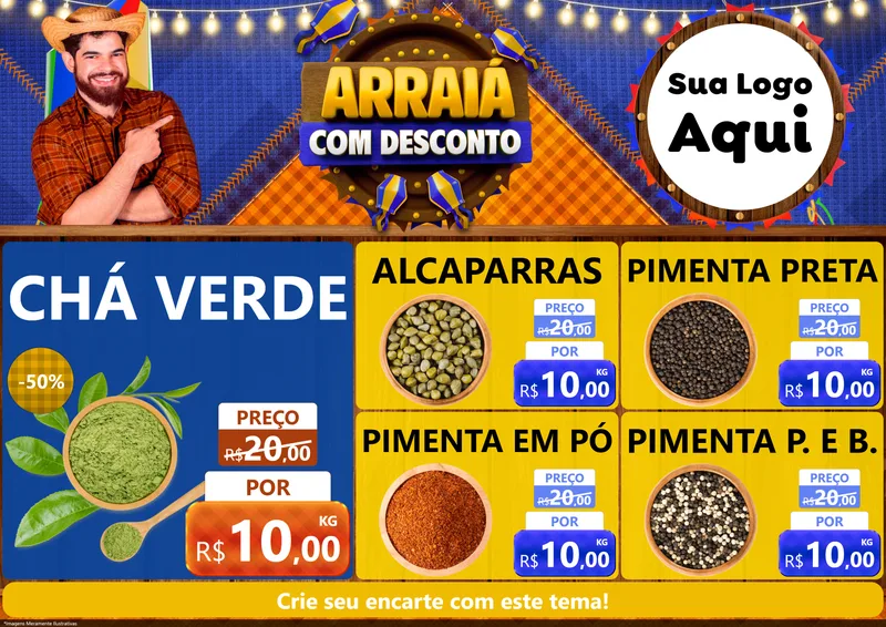 Modelo de Encarte para Encarte A4 Horizontal com o tema Arraiá Com Desconto para Produtos Naturais