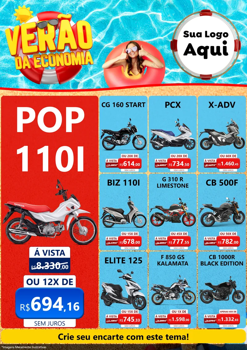 Modelo de Encarte para Encarte A4 Vertical com o tema Verão da Economia para Concessionaria de Motos