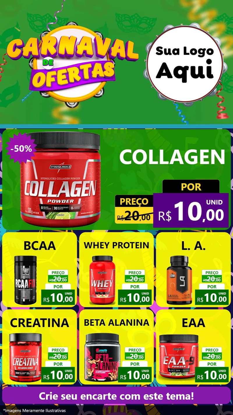 Modelo de Rede Social para Stories com o tema Carnaval de Ofertas para Suplementos alimentares