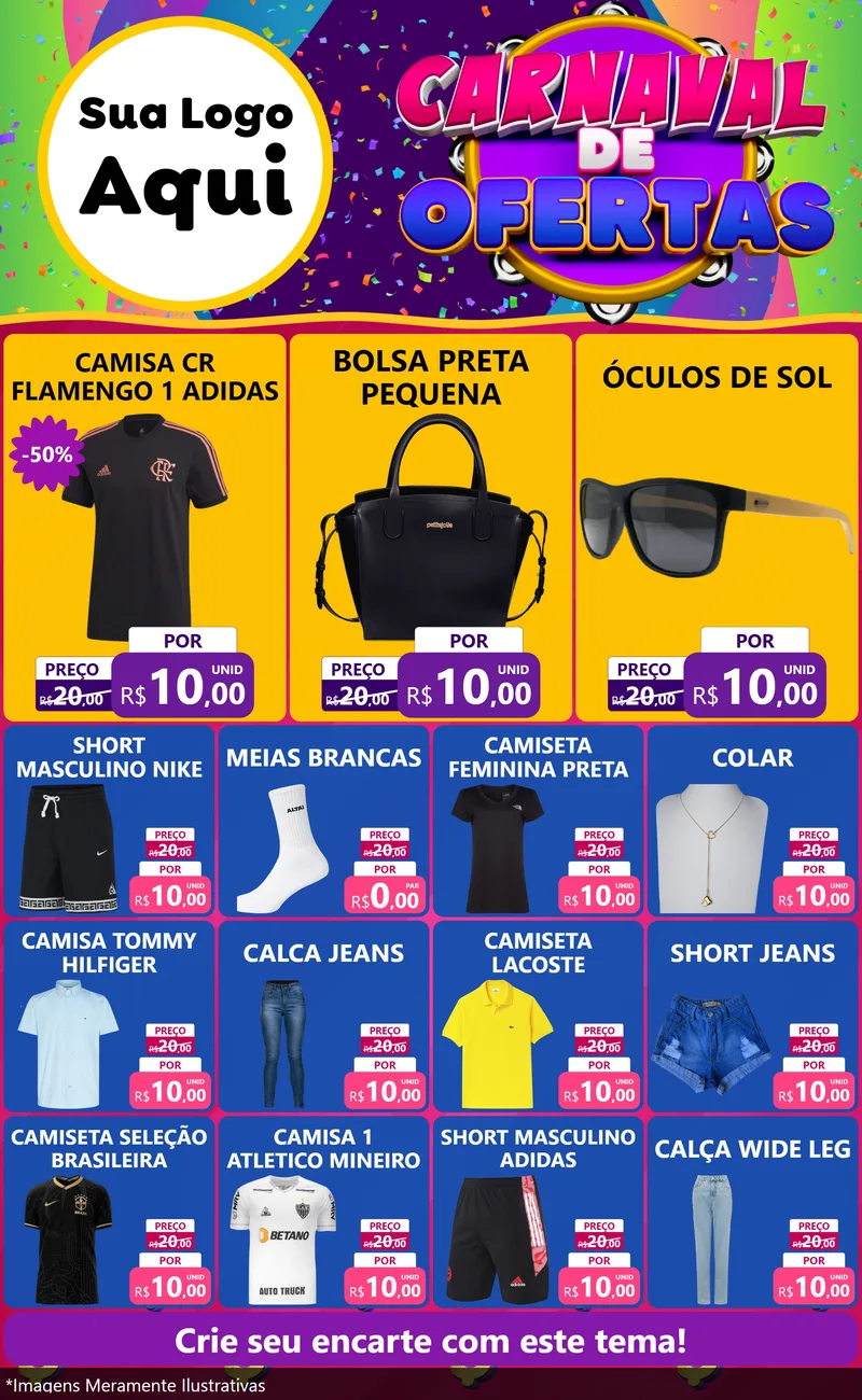 Modelo de Encarte para Encarte Grande com o tema Carnaval de Ofertas para Roupas e acessórios