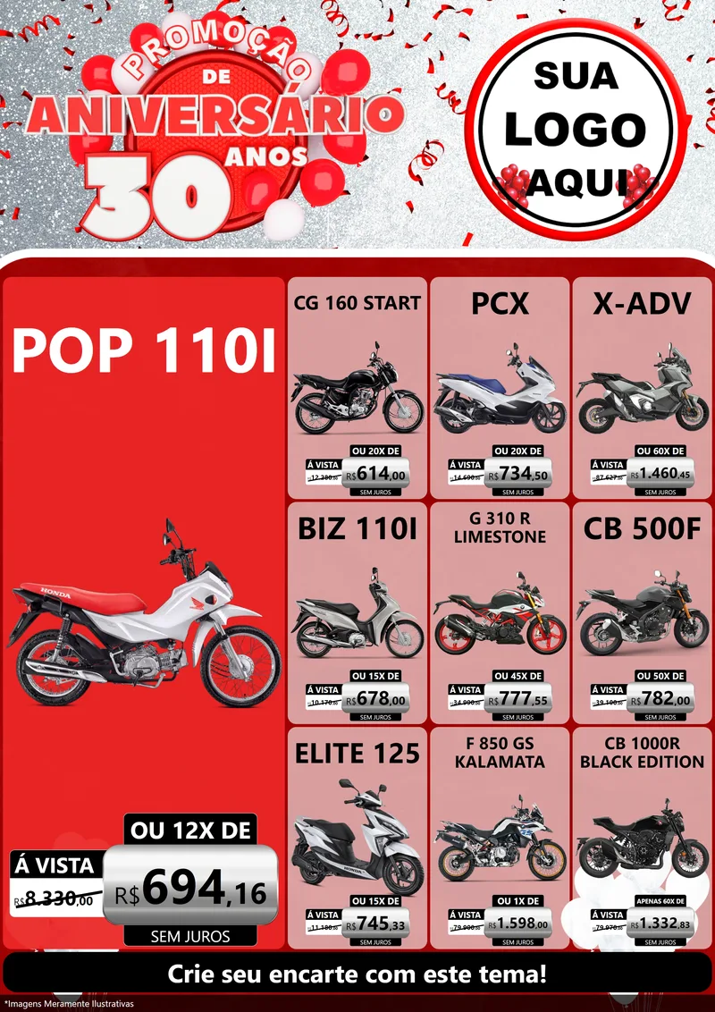 Modelo de Encarte para Encarte A4 Vertical com o tema Promoção de Aniversário - 30 Anos para Concessionaria de Motos
