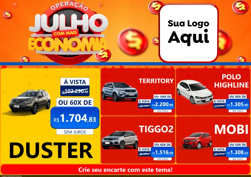 Modelo de Encarte para Encarte A4 Horizontal com o tema Operação Julho Com Mais Economia para Concessionaria de Carros