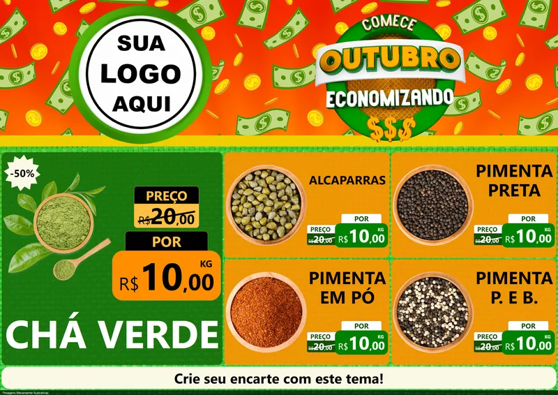 Modelo de Encarte para Encarte A4 Horizontal com o tema Comece Outubro Economizando para Produtos Naturais