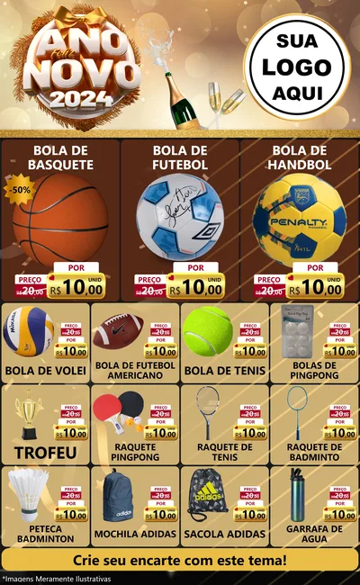 Modelo de Encarte para Encarte Grande com o tema Feliz Ano Novo 2027 para Artigos Esportivos