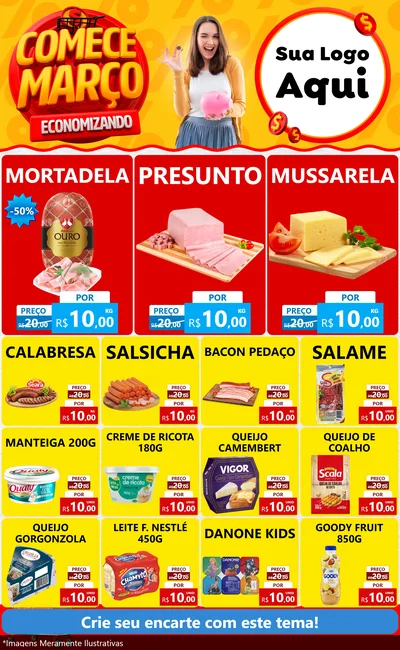 Modelo de Encarte para Encarte Grande com o tema Comece Março Economizando para Frios e Laticínios