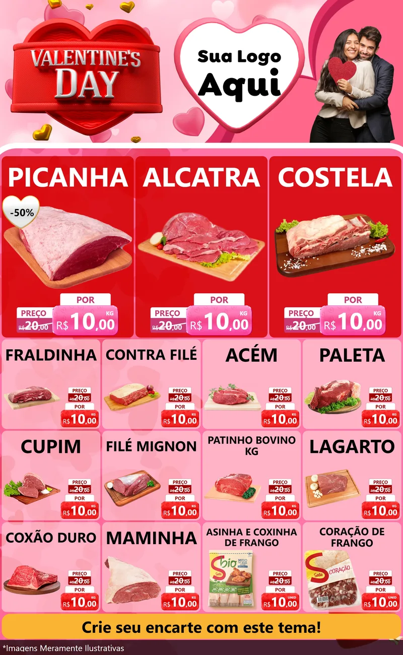 Modelo de Encarte para Encarte Grande com o tema Valentine's Day para Açougue