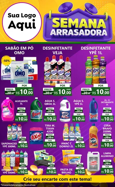 Modelo de Encarte para Encarte Grande com o tema Semana Arrasadora para Produtos de Limpeza