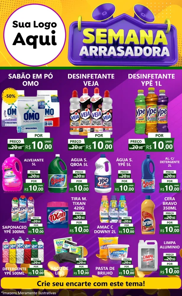 Modelo de Encarte para Encarte Grande com o tema Semana Arrasadora para Produtos de Limpeza