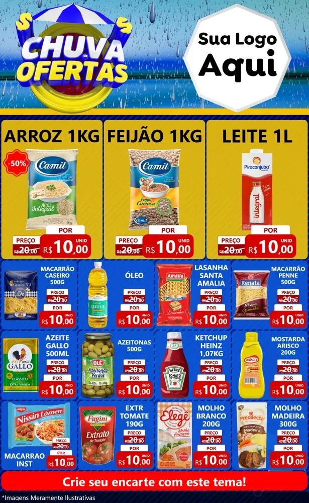 Modelo de Encarte para Encarte Grande com o tema Chuva de Ofertas para Supermercado