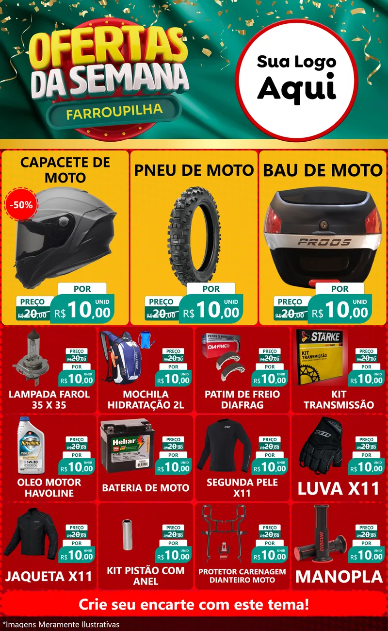 Modelo de Encarte para Encarte Grande com o tema Ofertas da Semana Farroupilha para Moto peças