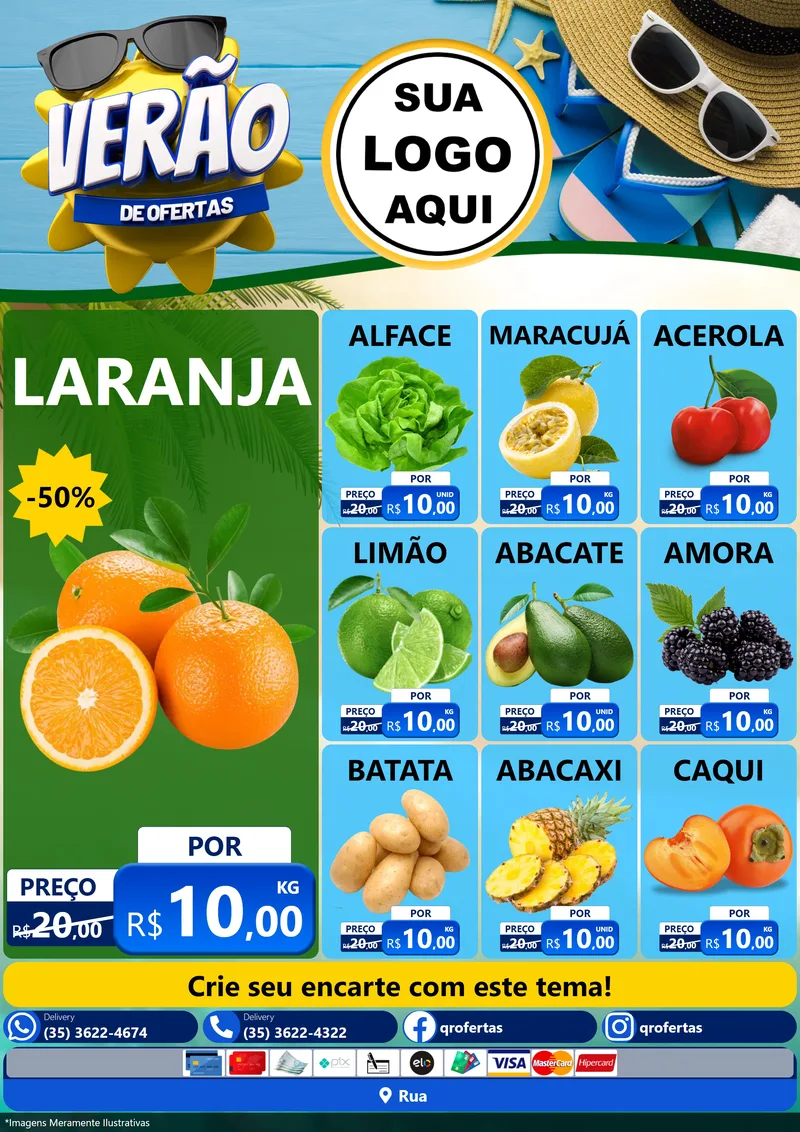 Modelo de Encarte para Encarte A4 Vertical com o tema Verão de Ofertas para Hortifrúti