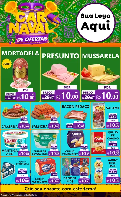 Modelo de Encarte para Encarte Grande com o tema Carnaval de Ofertas para Frios e Laticínios