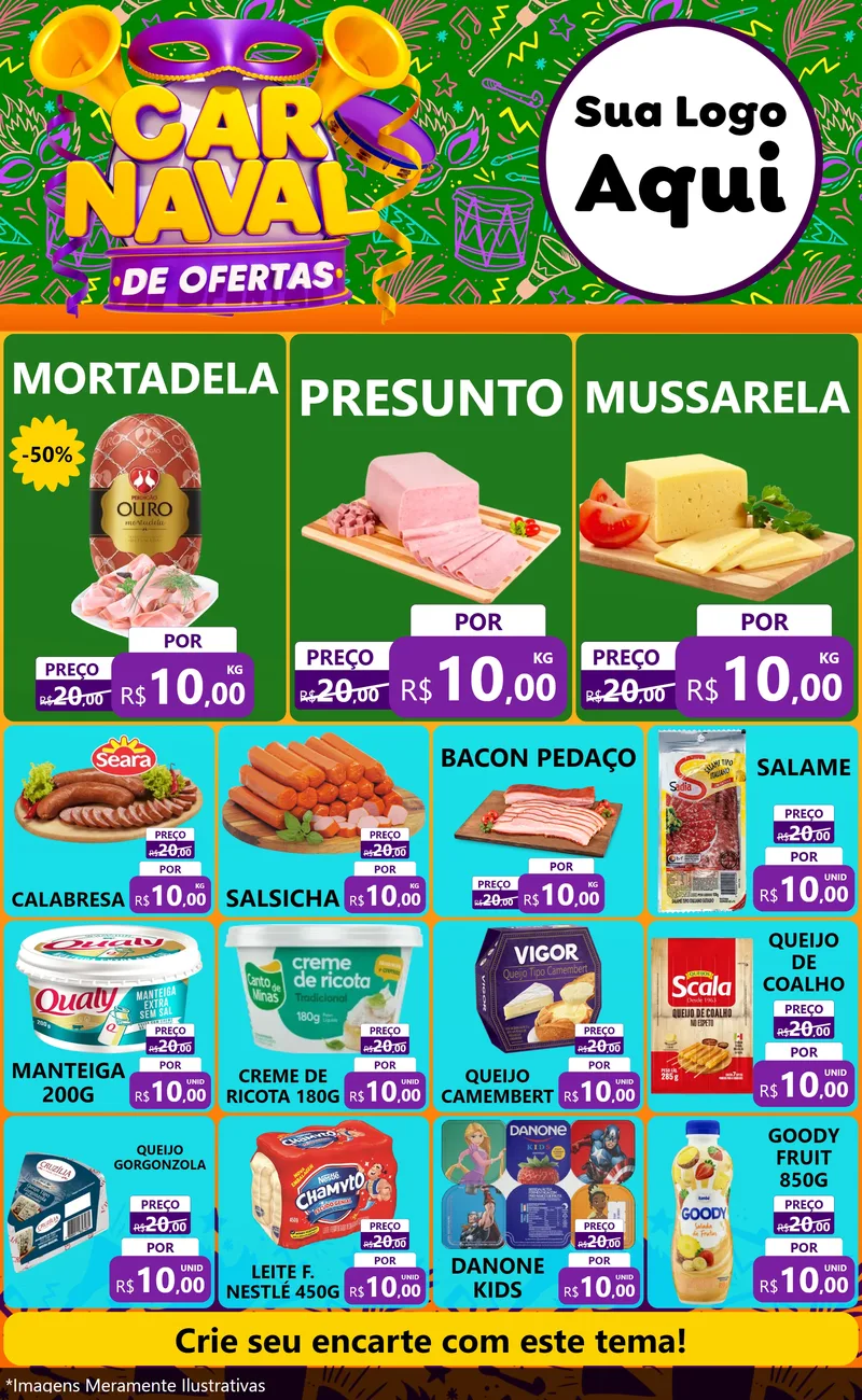 Modelo de Encarte para Encarte Grande com o tema Carnaval de Ofertas para Frios e Laticínios