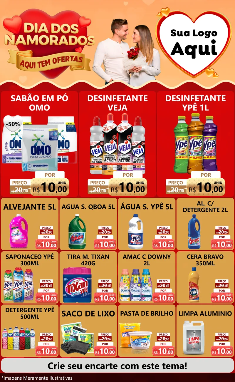Modelo de Encarte para Encarte Grande com o tema Dia dos Namorados - Aqui Tem Ofertas para Produtos de Limpeza