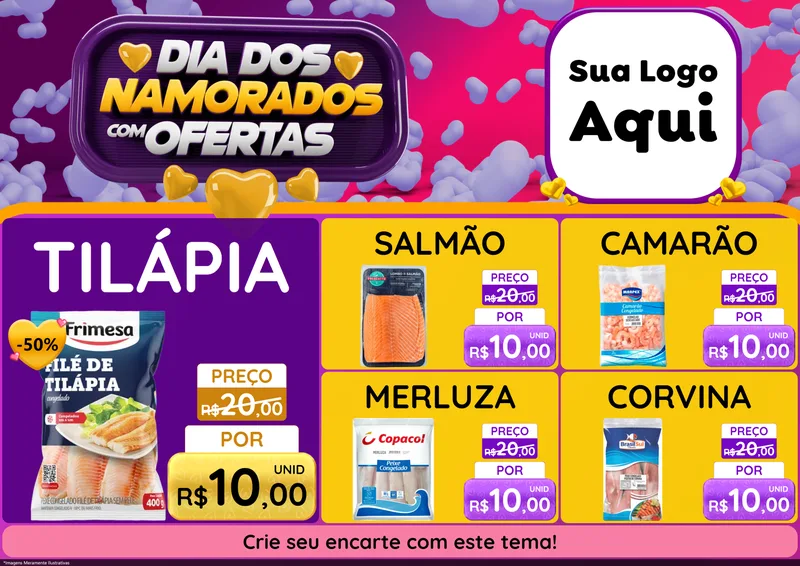 Modelo de Encarte para Encarte A4 Horizontal com o tema Dia Dos Namorados Com Ofertas para Peixaria
