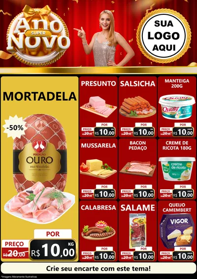 Modelo de Encarte para Encarte A4 Vertical com o tema Super Ano Novo para Frios e Laticínios