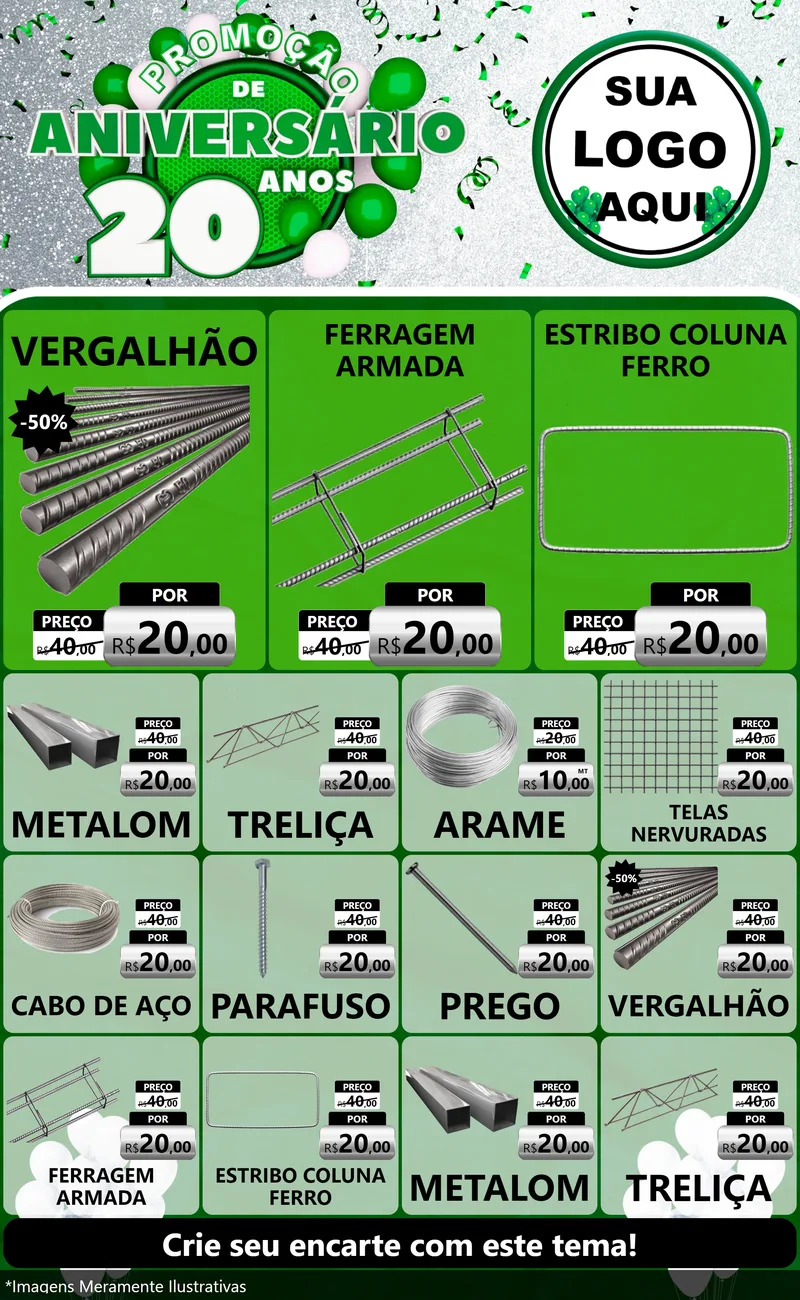 Modelo de Encarte para Encarte Grande com o tema Promoção de Aniversário - 20 Anos para Ferragens