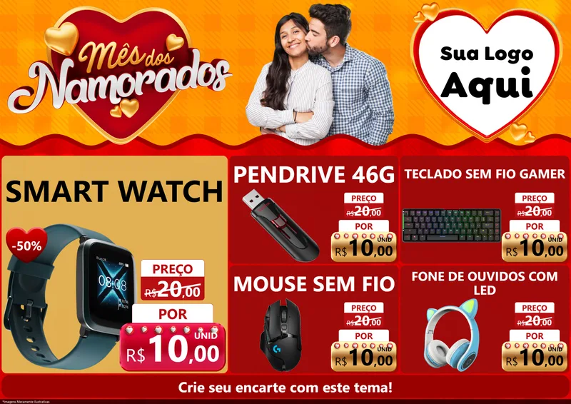 Modelo de Encarte para Encarte A4 Horizontal com o tema Mês dos Namorados para Informática