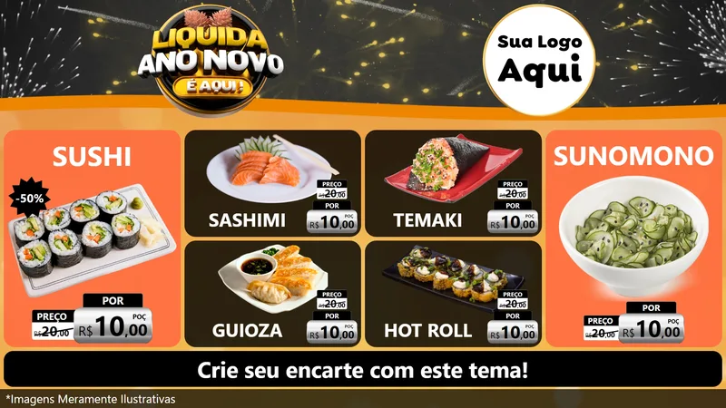 Modelo de TV para TV Horizontal com o tema Liquida Ano Novo É Aqui! para Comida japonesa