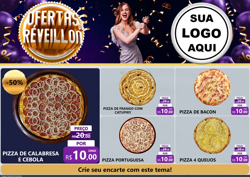 Modelo de Encarte para Encarte A4 Horizontal com o tema Ofertas de Réveillon para Pizzaria