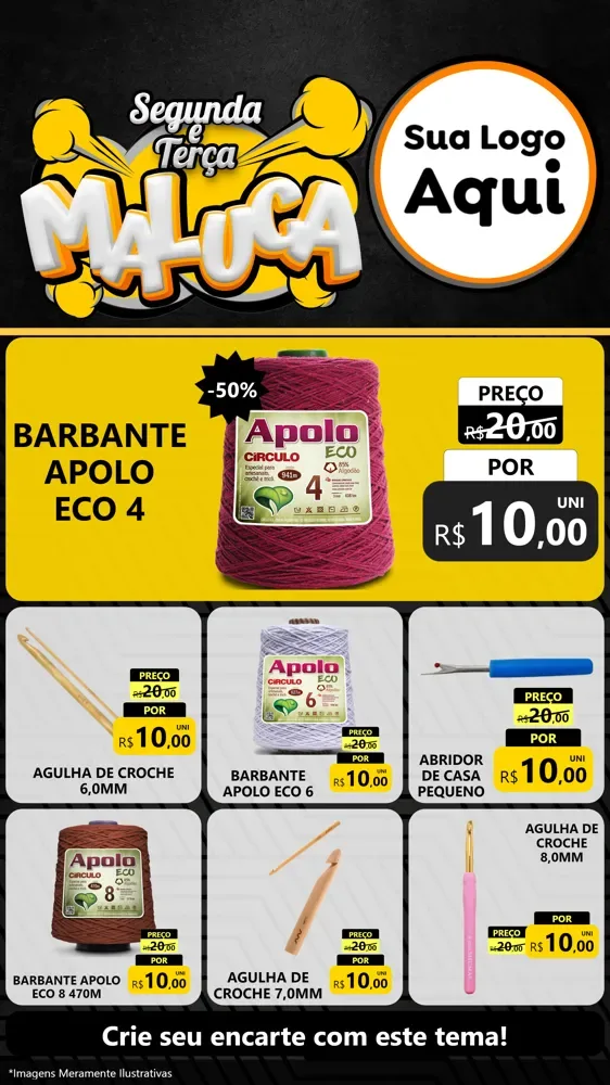 Modelo de Rede Social para Stories com o tema Segunda e Terça Maluca para Armarinho e Aviamentos