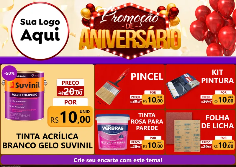 Modelo de Encarte para Encarte A4 Horizontal com o tema Promoção de Aniversário para Tintas e Ferramentas