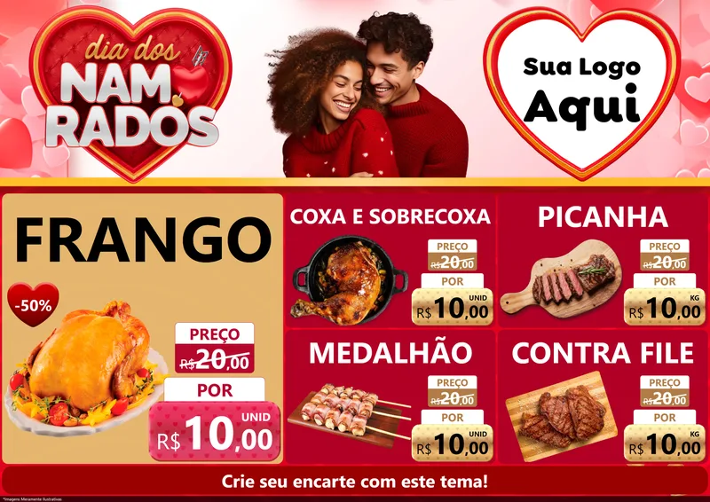 Modelo de Encarte para Encarte A4 Horizontal com o tema Dia dos Namorados para Assados