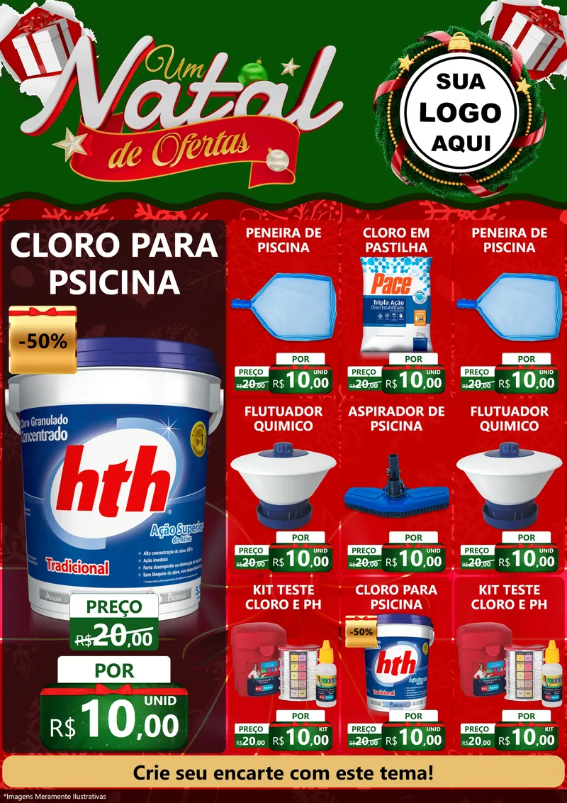 Modelo de Encarte para Encarte A4 Vertical com o tema Um Natal de Ofertas para Produtos para Piscina