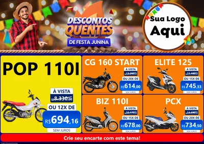 Modelo de Encarte para Encarte A4 Horizontal com o tema Descontos Quentes de Festa Junina para Concessionaria de Motos