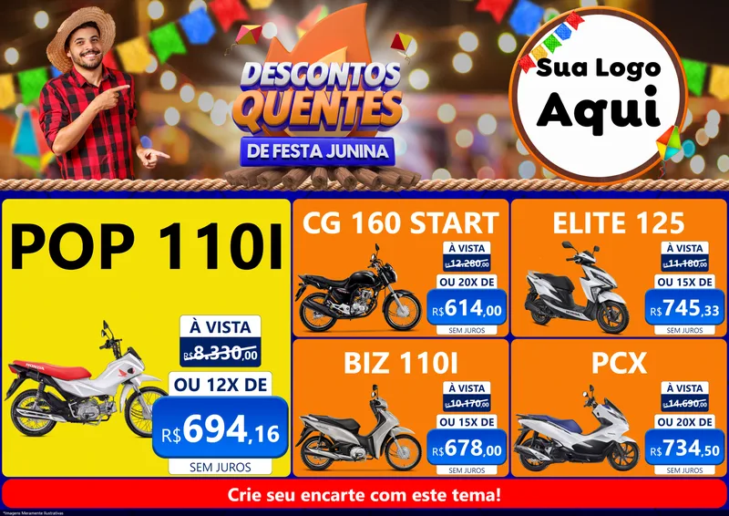 Modelo de Encarte para Encarte A4 Horizontal com o tema Descontos Quentes de Festa Junina para Concessionaria de Motos