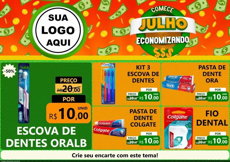 Modelo de Encarte para Encarte A4 Horizontal com o tema Comece Julho Economizando para Higiene Pessoal