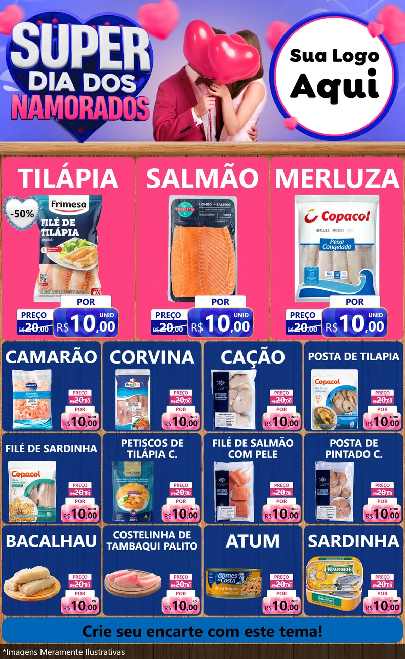 Modelo de Encarte para Encarte Grande com o tema Super Dia dos Namorados para Peixaria