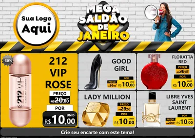 Modelo de Encarte para Encarte A4 Horizontal com o tema Mega Saldão de Janeiro para Perfumes