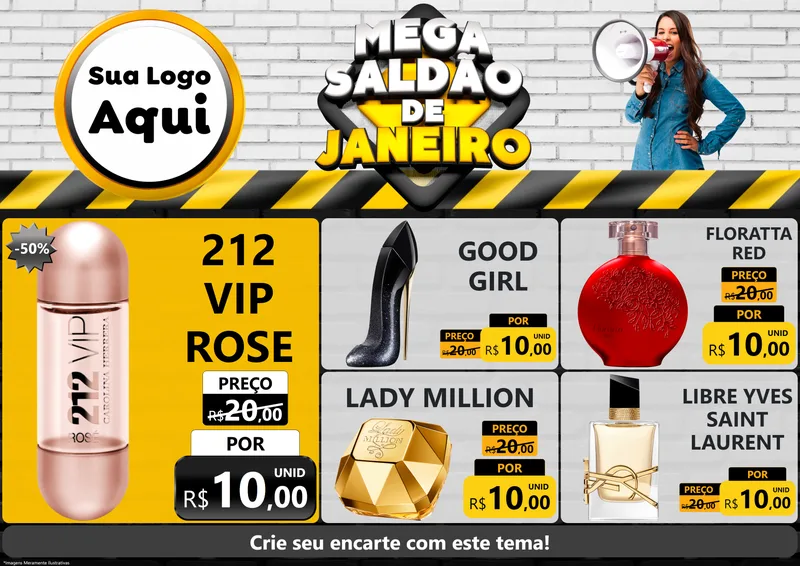 Modelo de Encarte para Encarte A4 Horizontal com o tema Mega Saldão de Janeiro para Perfumes