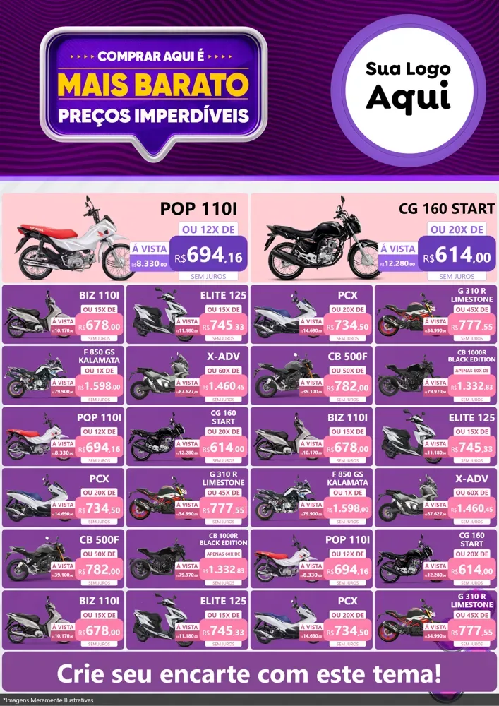 Modelo de Encarte para Encarte A4 Vertical com o tema Mais Barato para Concessionaria de Motos