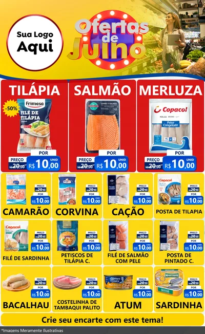 Modelo de Encarte para Encarte Grande com o tema Ofertas de Julho para Peixaria