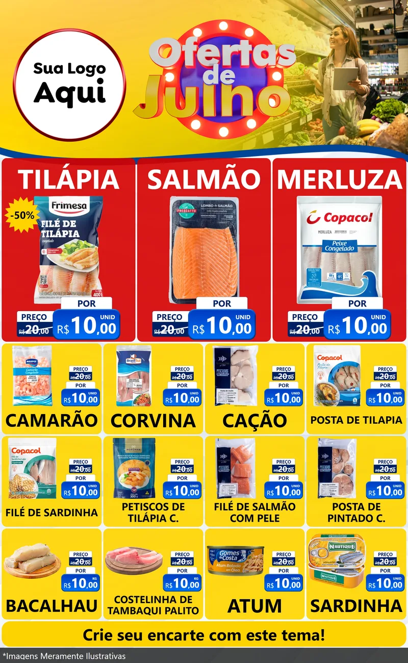 Modelo de Encarte para Encarte Grande com o tema Ofertas de Julho para Peixaria