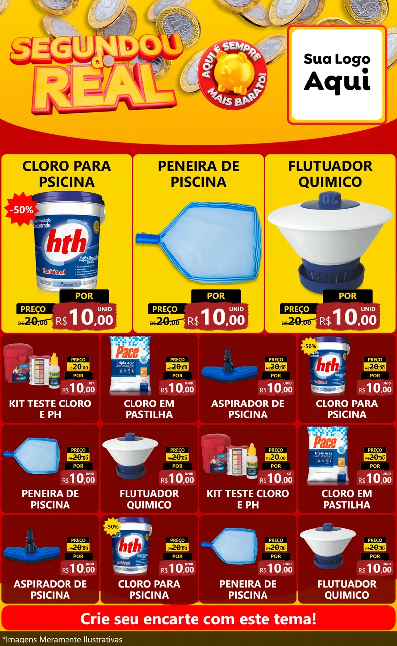 Modelo de Encarte para Encarte Grande com o tema Segundou do Real para Produtos para Piscina