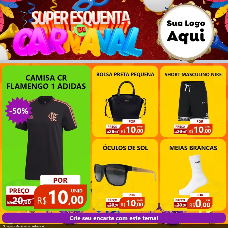 Modelo de Rede Social para Feed Facebook com o tema Super Esquenta de Carnaval para Roupas e acessórios