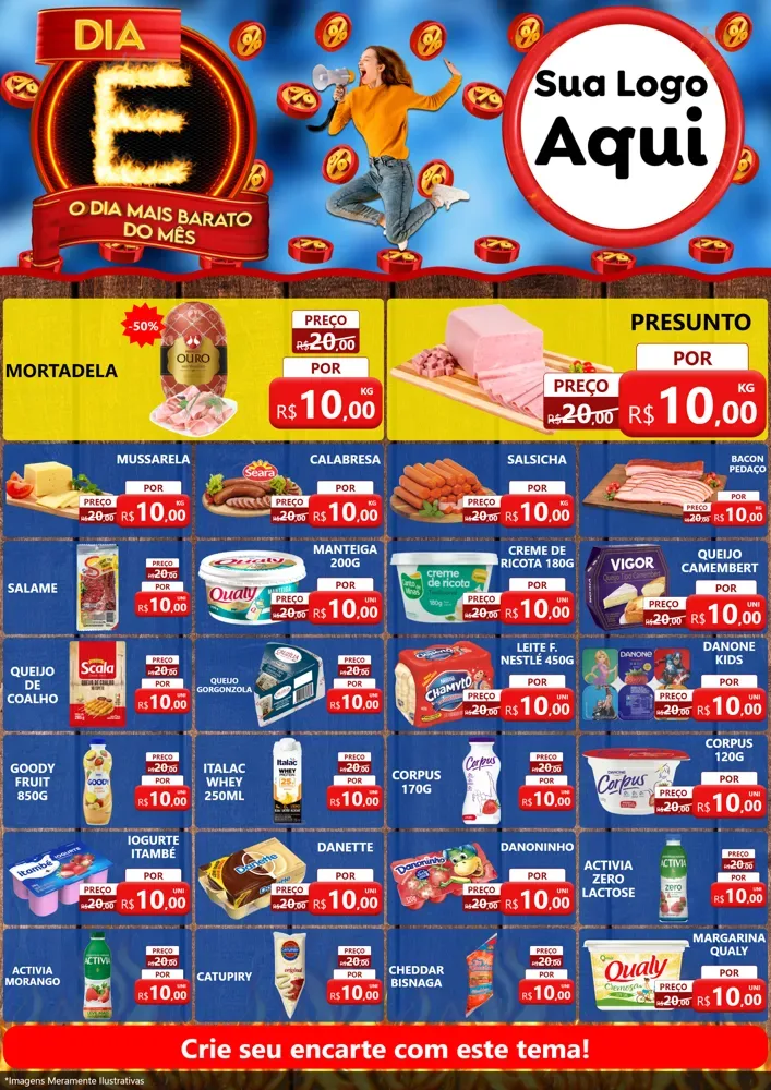 Modelo de Encarte para Encarte A4 Vertical com o tema Dia E - O Dia Mais Barato Do Mês para Frios e Laticínios