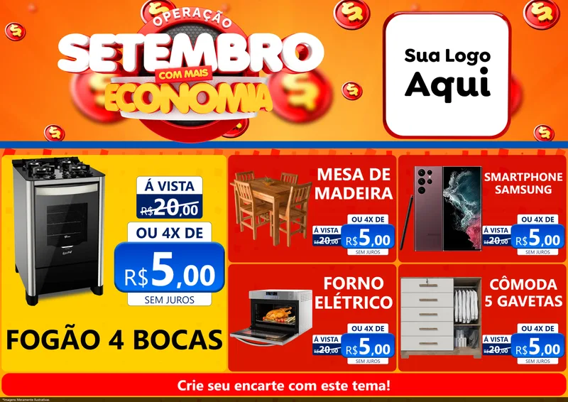 Modelo de Encarte para Encarte A4 Horizontal com o tema Operação Setembro Com Muita Economia para Móveis e Eletro