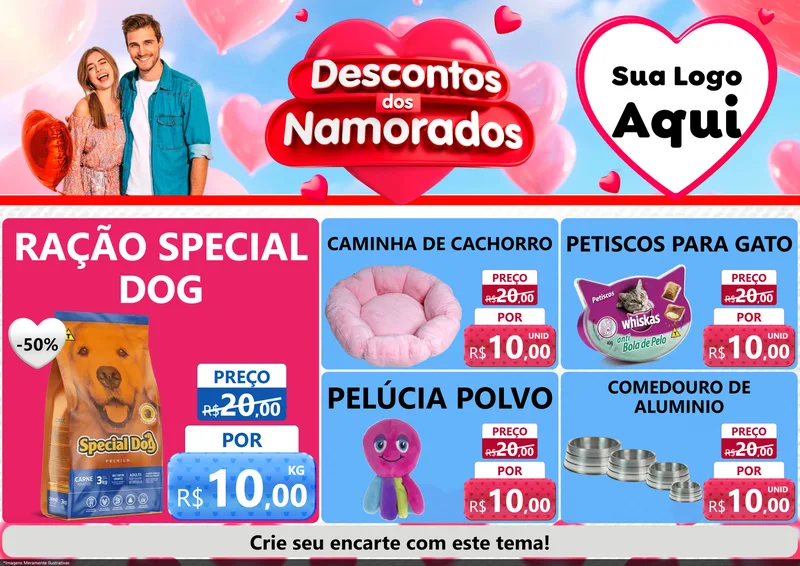 Modelo de Encarte para Encarte A4 Horizontal com o tema Descontos dos Namorados para Pet Shop