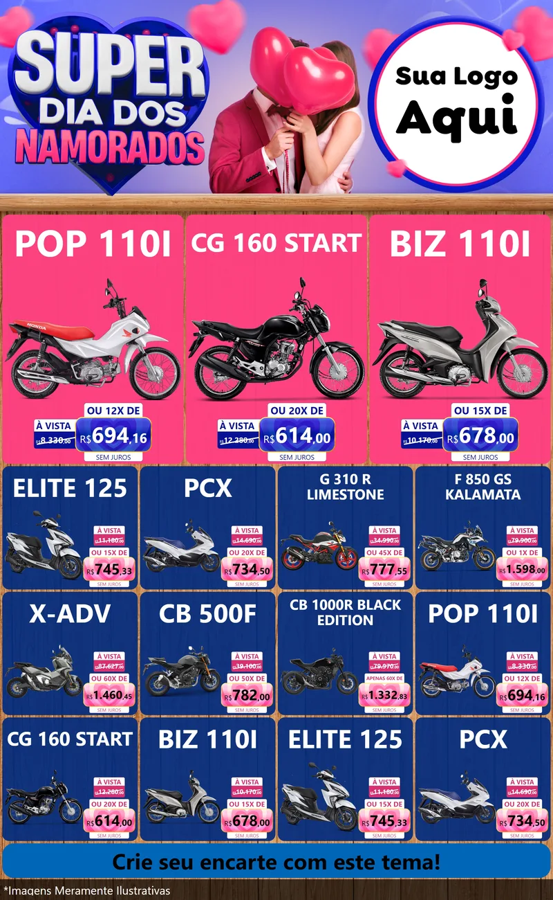 Modelo de Encarte para Encarte Grande com o tema Super Dia dos Namorados para Concessionaria de Motos