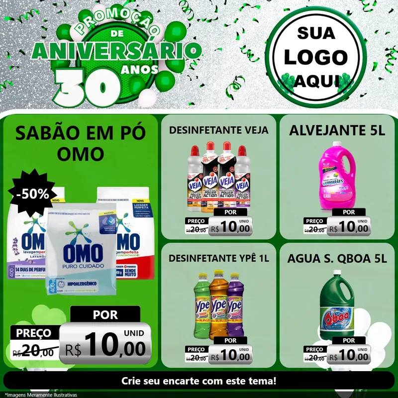 Modelo de Rede Social para Feed Facebook com o tema Promoção de Aniversário - 30 Anos para Produtos de Limpeza