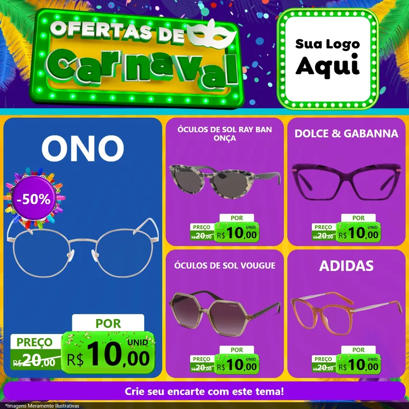 Modelo de Rede Social para Feed Facebook com o tema Ofertas de Carnaval para Óticas