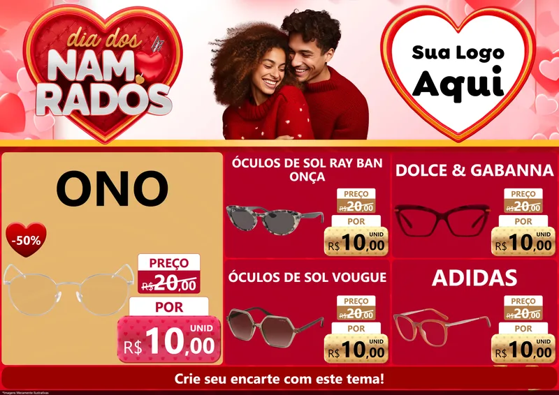 Modelo de Encarte para Encarte A4 Horizontal com o tema Dia dos Namorados para Óticas