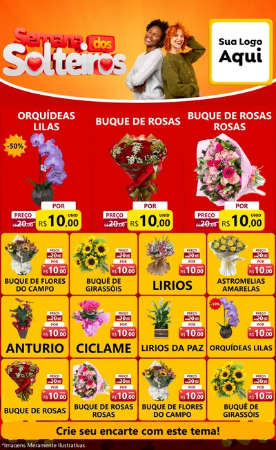 Modelo de Encarte para Encarte Grande com o tema Semana dos Solteiros para Floricultura e jardim