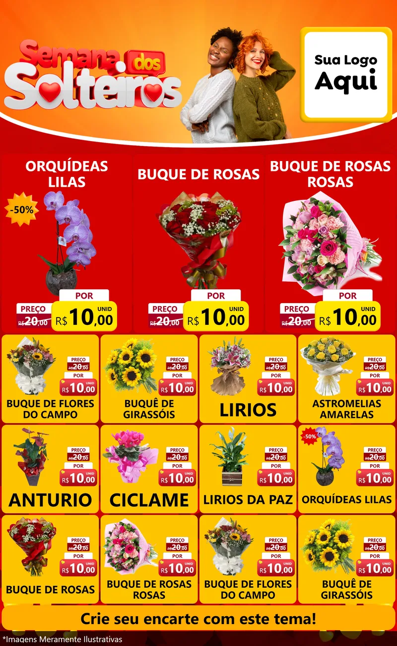 Modelo de Encarte para Encarte Grande com o tema Semana dos Solteiros para Floricultura e jardim